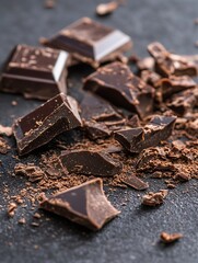Aufkleber - Pieces of Dark Chocolate on a Black Surface with a Crumbled Texture : Generative AI