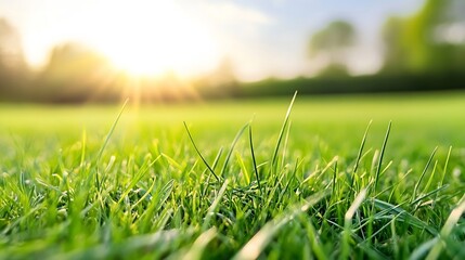 Poster - Close up shot of vibrant green grass illuminated by sunlight creating a tranquil outdoor scene : Generative AI