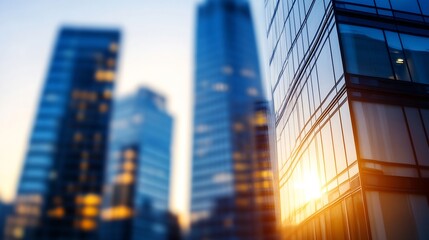 Poster - Modern cityscape featuring tall glass buildings reflecting sunlight during sunset : Generative AI