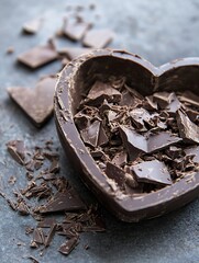Poster - Artistic arrangement of chocolate shards in heartshaped bowl capturing the essence of indulgence : Generative AI