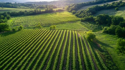 Poster - Expansive aerial view of lush green vineyards stretching across rolling hills under a bright blue sky : Generative AI