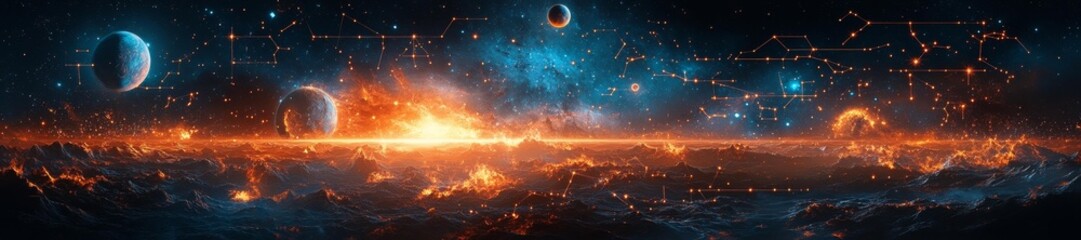 Wall Mural - Cosmic Landscape with Zodiac Symbols and Planets in an Astronomical Setting. Generative AI