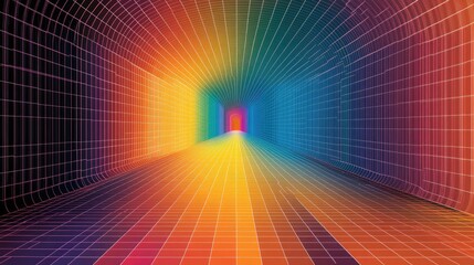 Poster - Colorful, gridded tunnel; futuristic perspective; vibrant colors; potential use digital art or design background