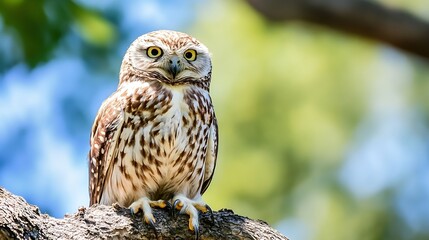 Aufkleber - Majestic owl perched on a tree branch with intense gaze surrounded by green foliage in nature : Generative AI