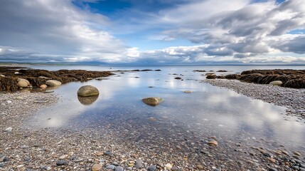 Aufkleber - Scenic coastal view featuring rocks and calm waters reflecting the sky surrounded by a serene natural landscape : Generative AI