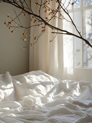 Poster - Sunlight filtering through sheer curtains illuminating a cozy bed with crumpled white sheets and a delicate branch : Generative AI