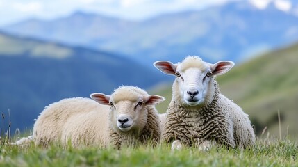 Poster - Two adorable sheep resting on green grass with mountains in the background showcasing serene rural life : Generative AI