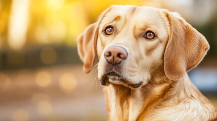 Poster - Golden Labrador retriever with expressive eyes gazing thoughtfully in a warm autumn setting : Generative AI