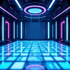 Poster - Futuristic Empty Space Interior with Neon Lights and Glowing Floor
