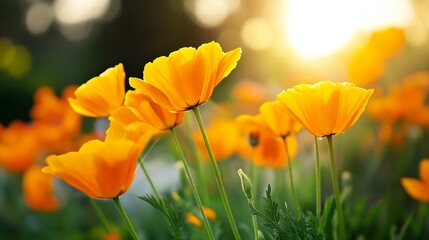 Poster - Bright and cheerful yellow flowers blooming under soft sunlight in a vibrant garden : Generative AI