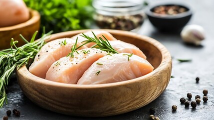 Poster - Fresh raw chicken fillets garnished with herbs ready for cooking in a rustic setting : Generative AI