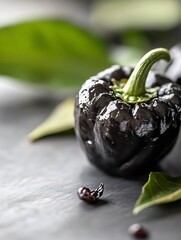 Aufkleber - Fresh black pepper with glossy skin surrounded by green leaves on a textured dark surface : Generative AI