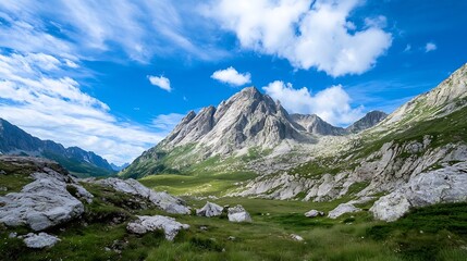 Aufkleber - Breathtaking panoramic view of majestic mountain range under bright blue sky : Generative AI