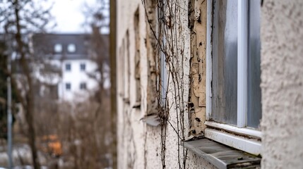 Poster - old building facade with creeping vines and windows framed by weathered wooden structures : generati
