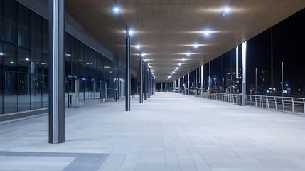 Poster - Modern architecture features illuminated walkway at night showcasing sleek design and urban style : Generative AI
