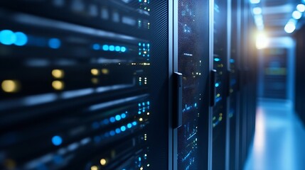 Poster - Hightech data center showcasing illuminated server racks with cables and lights : Generative AI