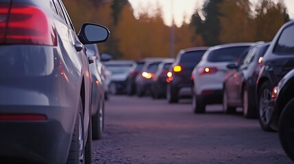 Poster - Evening view of parked vehicles lined up in a lot surrounded by autumn trees and fading sunlight : Generative AI