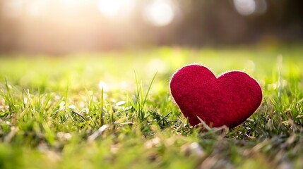Poster - Vibrant red felt heart on green grass under warm sunlight representing love and nature : Generative AI
