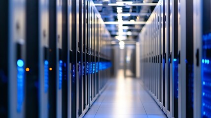 Fototapete - Modern Data Center with Rows of Servers Illuminated in a HighTech Facility : Generative AI