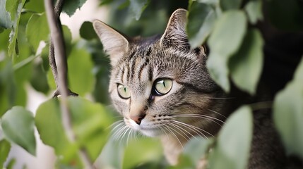 Poster - Gorgeous Tabby Cat Seated Among Green Leaves Offering a Cute and Curious Expression : Generative AI