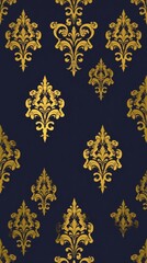 Poster - luxury patterned wallpaper, golden ornamental design over a dark navy blue background