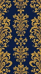 Poster - an elegant damask pattern with gold floral details against a navy backdrop, creating a sense of luxury and sophistication.