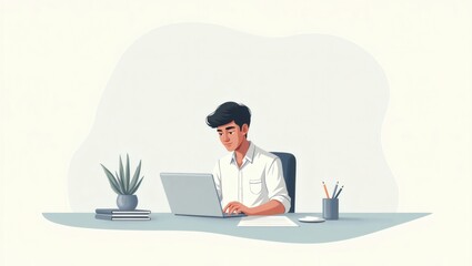 Poster - a man working diligently on a laptop at his desk, with a plant and stationary