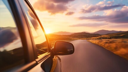 Aufkleber - Car driving down a picturesque road at sunset with vibrant clouds and beautiful scenery along the way : Generative AI