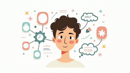 Poster - a person surrounded by creative and strategic thinking elements. The illustration showcases a person's thoughts, plans, and ideas being visualized