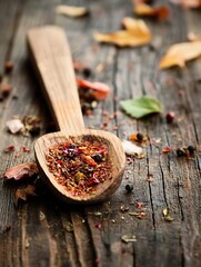 Poster - Wooden Spoon Filled with Colorful Aromatic Spices on Rustic Table Background : Generative AI