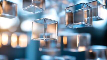 Poster - Floating Glass Cubes Captured in Stunning Detail with Soft Light Background : Generative AI