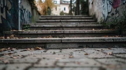 Poster - Staircase Surrounded by Graffiti and Autumn Leaves in a Quiet Urban Setting : Generative AI