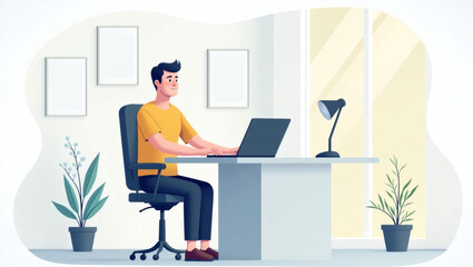 Poster - a person sitting at a desk using a laptop computer in a modern office setting