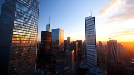 Poster - Stunning Sunset View Over Skyscrapers in a Vibrant Cityscape with a Colorful Sky : Generative AI