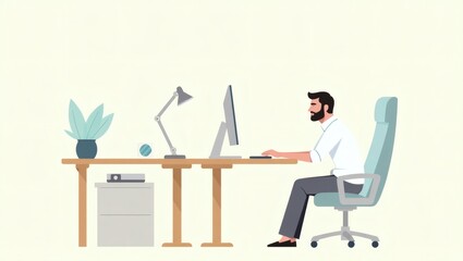 Poster - a man sitting at a desk, focused on his computer screen. The office setting includes a desk, chair, lamp, and potted plant, creating a productive and comfortable workspace