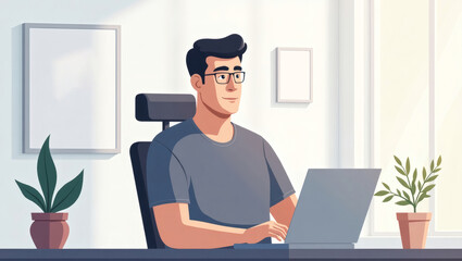 Poster - a man working on laptop in his office with a bright and modern design. He appears focused and engaged in his work.