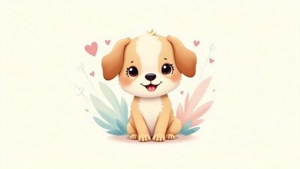 Poster - an adorable cartoon puppy smiling happily with hearts, showing its playful and cheerful nature