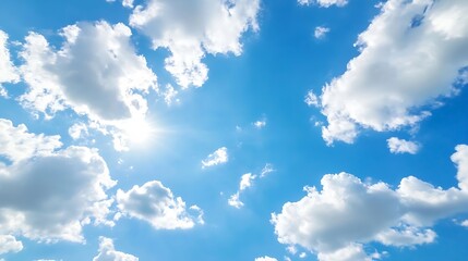 Poster - Bright Blue Sky with Fluffy White Clouds Filling the View in a Peaceful Atmosphere : Generative AI