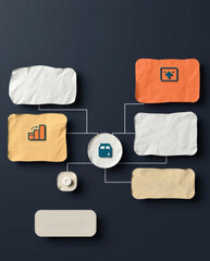 Poster - a creative flowchart design with interconnected elements and icons representing concepts, on a dark background. The design is modern and visually appealing.