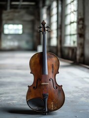 Poster - Elegant antique wooden cello displayed in an industrial space with soft lighting : Generative AI