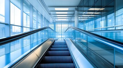 Poster - Sleek escalator leading through contemporary glass architecture in bright indoor environment : Generative AI