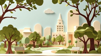 Poster - paper crafted park scene with a green landscape and buildings 