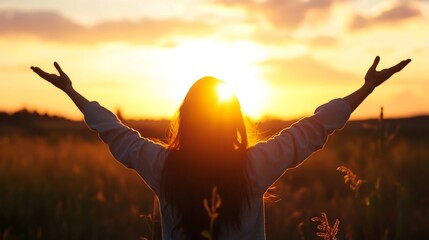 Leinwandbilder - Silhouette of Woman Against Sunset Sky with Arms Raised in Embrace of Warmth and Nature's Beauty : Generative AI