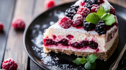 Poster - Delicious slice of berry cheesecake garnished with fresh raspberries and mint leaves : Generative AI
