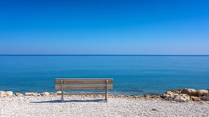 Aufkleber - Secluded wooden beach bench overlooking a tranquil blue ocean under bright skies : Generative AI