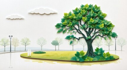 Aufkleber - a peaceful park scene with paper cut tree and elements, creating a serene landscape 