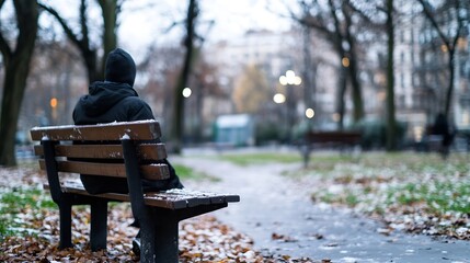 Aufkleber - Lonely person sitting on bench in park surrounded by autumn leaves and trees in motion : Generative AI