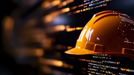 Poster - Yellow construction hard hat against dark background with programming code overlay, highlighting workplace safety in technology sector. Modern industrial concept.
