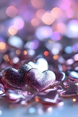 Poster - Glittering pink heart decorations with soft bokeh background in purple and blue tones create romantic Valentine's Day or wedding celebration atmosphere.