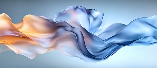 Poster - Flowing abstract silk fabric in orange and blue colors creating smooth waves and gentle curves against light background, luxury textile motion effect.